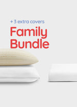 The image shows a natural latex pillow with a beige cover, alongside a white pillow, both labeled with 'Family Bundle' and '3 extra covers'.